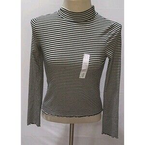 SO Women's Black & White Striped Mock Neck Long Sleeve Tee XL 14/16